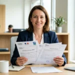 Personne confiante tenant des documents MDPH dans un bureau moderne, illustrant les avantages RQTH pour la retraite fonction publique.