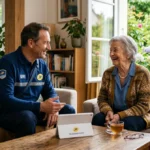 Un facteur en uniforme échange avec un retraité souriant dans un salon chaleureux, illustrant les avantages retraités de la Poste.