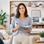 Une home organiser professionnelle souriante dans un salon moderne, lumineux et parfaitement rangé avec des étagères minimalistes.