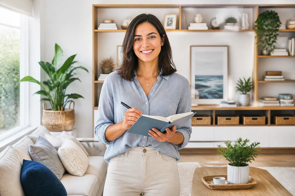 Une home organiser professionnelle souriante dans un salon moderne, lumineux et parfaitement rangé avec des étagères minimalistes.