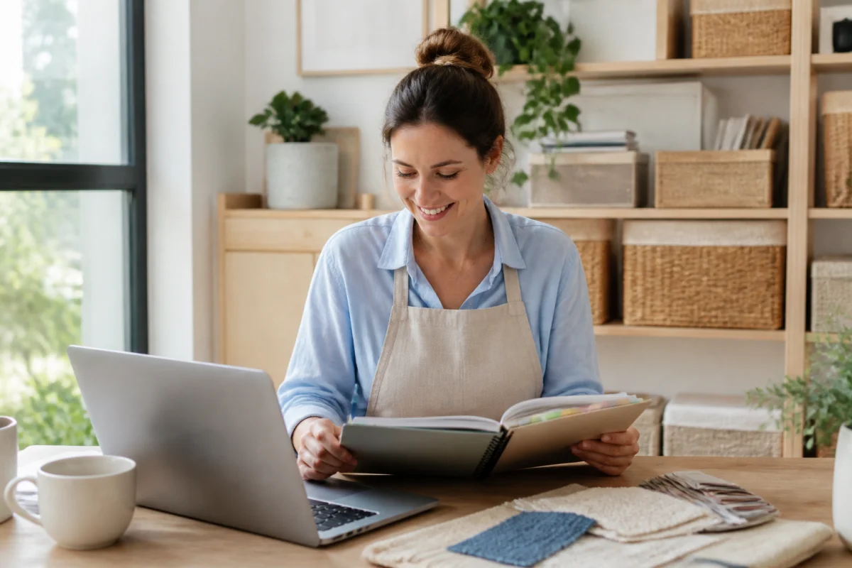 Home organiser professionnelle souriante travaillant dans un bureau lumineux et épuré pour apprendre comment devenir home organiser.