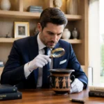 Commissaire-priseur en costume bleu examinant une œuvre d'art avec une loupe dans un bureau professionnel lumineux.