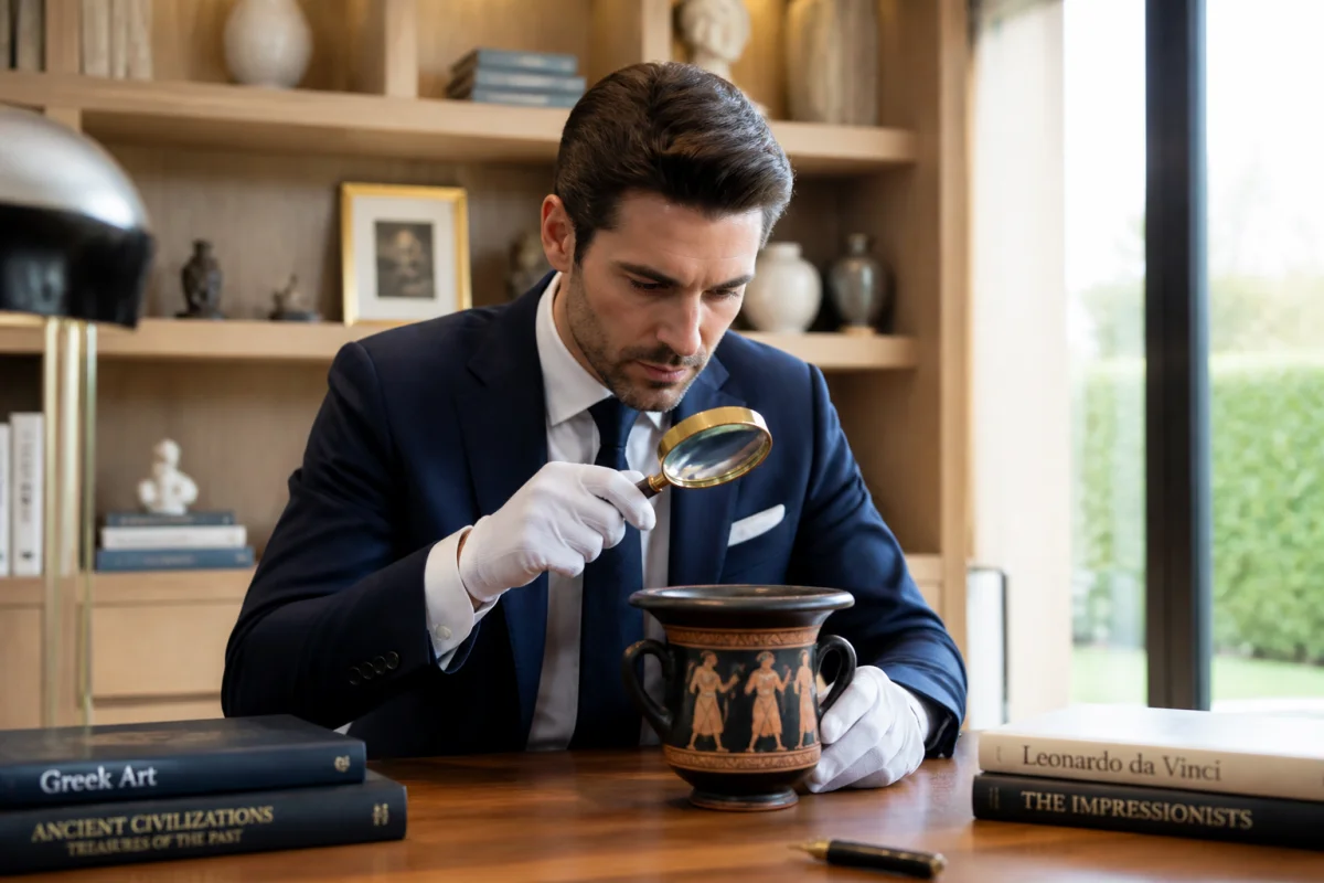 Commissaire-priseur en costume bleu examinant une œuvre d'art avec une loupe dans un bureau professionnel lumineux.