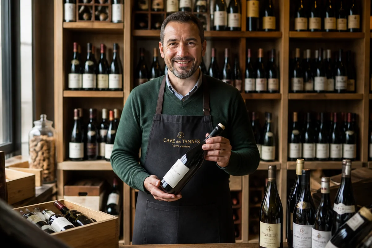 Caviste professionnel souriant manipulant une bouteille dans une cave à vin en bois pour apprendre comment devenir caviste.