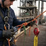 Cordiste professionnel inspectant minutieusement son matériel de sécurité et ses cordes sur une structure industrielle en extérieur.