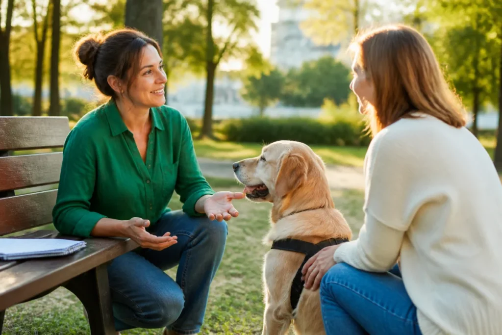 Comportementaliste canin professionnelle conseillant un propriétaire dans un parc lors d'une séance d'éducation canine en extérieur.