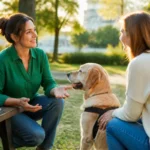 Comportementaliste canin professionnelle conseillant un propriétaire dans un parc lors d'une séance d'éducation canine en extérieur.