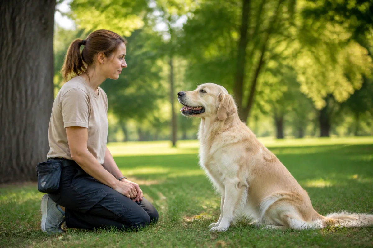 Comportementaliste canin professionnel observant un chien calme dans un parc verdoyant pour apprendre comment devenir comportementaliste canin.
