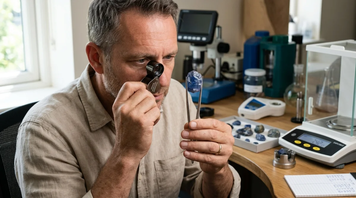 Gemmologue examinant une pierre précieuse brute à la loupe dans un laboratoire pour apprendre comment devenir gemmologue.