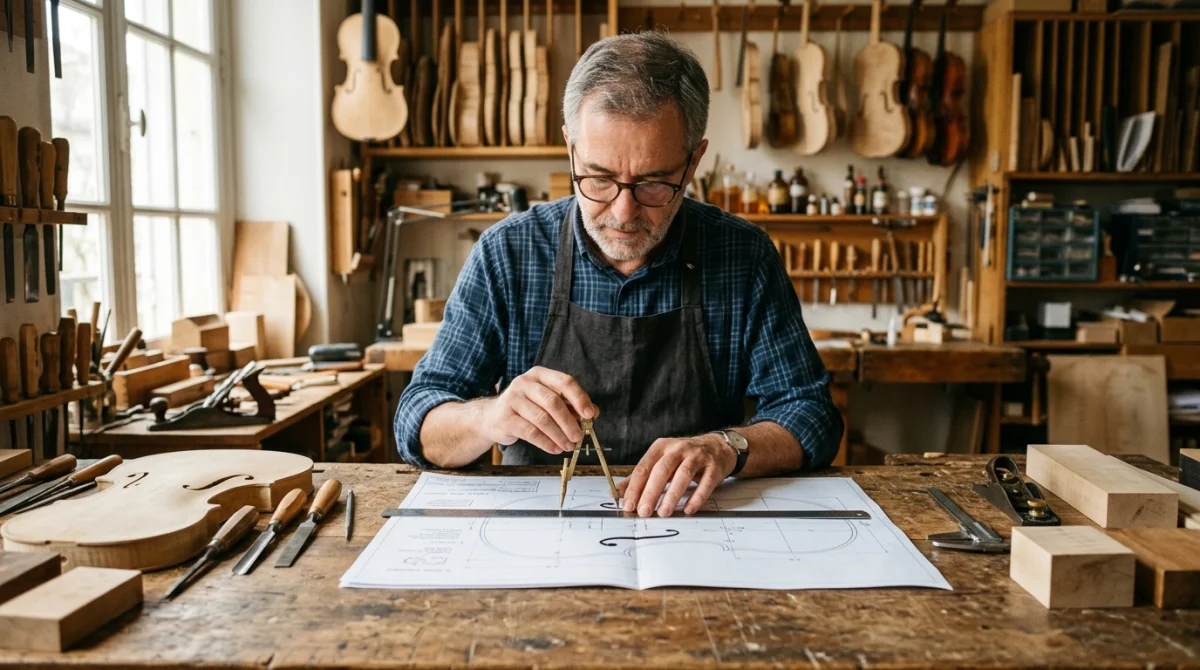 Luthier concentré utilisant des outils de précision sur un plan technique de violon dans son atelier artisanal.