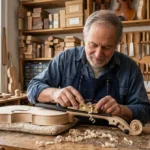 Luthier travaillant la précision d'un manche de violon dans son atelier pour apprendre comment devenir luthier.