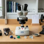 Instruments professionnels de gemmologie avec pierres précieuses sur un bureau pour apprendre comment devenir gemmologue.