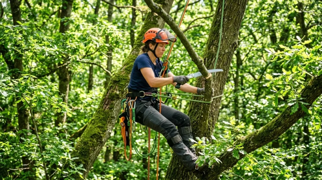 Élagueur professionnel suspendu dans les arbres utilisant une scie à main pour apprendre comment devenir élagueur qualifié.