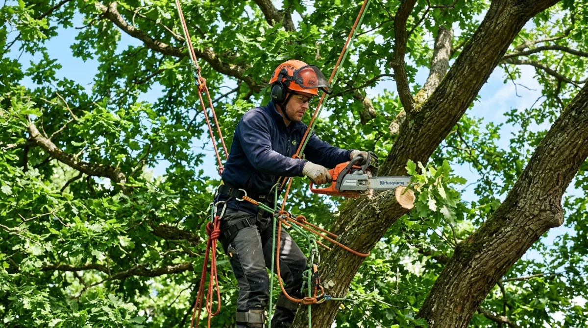 Élagueur professionnel équipé en pleine taille sécurisée dans la cime d'un arbre pour apprendre comment devenir élagueur.