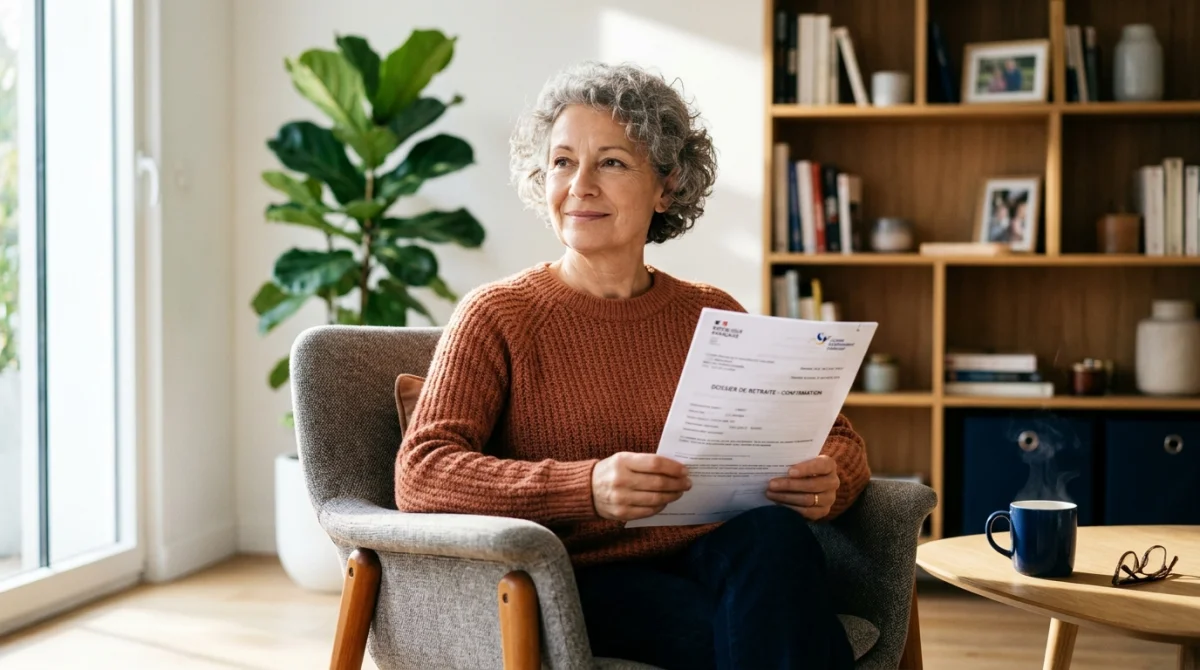 Personne senior sereine consultant ses documents administratifs pour les avantages retraite pour inaptitude au travail dans un bureau.