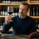 Sommelier professionnel examinant un verre de vin rouge dans une cave moderne pour apprendre comment devenir caviste.