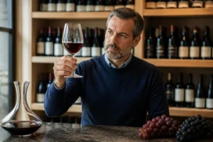 Sommelier professionnel examinant un verre de vin rouge dans une cave moderne pour apprendre comment devenir caviste.