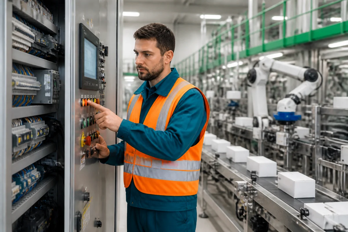 Automaticien industriel vérifiant une armoire de commande dans une usine agroalimentaire automatisée moderne