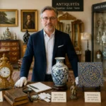 Antiquaire professionnel présentant des meubles anciens, tableaux et objets d’art dans une boutique élégante pour devenir antiquaire