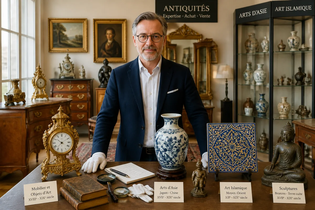 Antiquaire professionnel présentant des meubles anciens, tableaux et objets d’art dans une boutique élégante pour devenir antiquaire