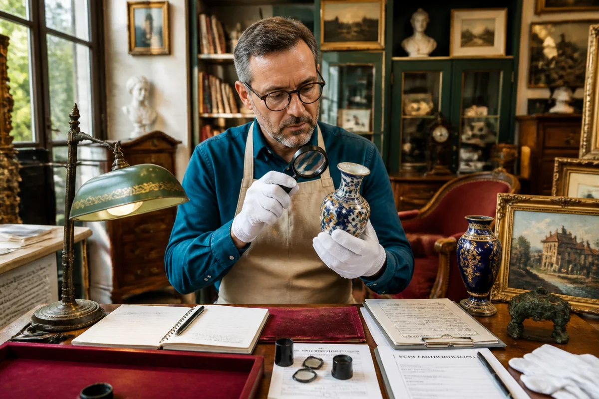 Antiquaire examinant un vase ancien dans sa boutique, entouré de meubles, tableaux et objets de collection