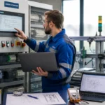 Automaticien professionnel configurant un panneau de commande industriel avec ordinateur portable et interface homme-machine