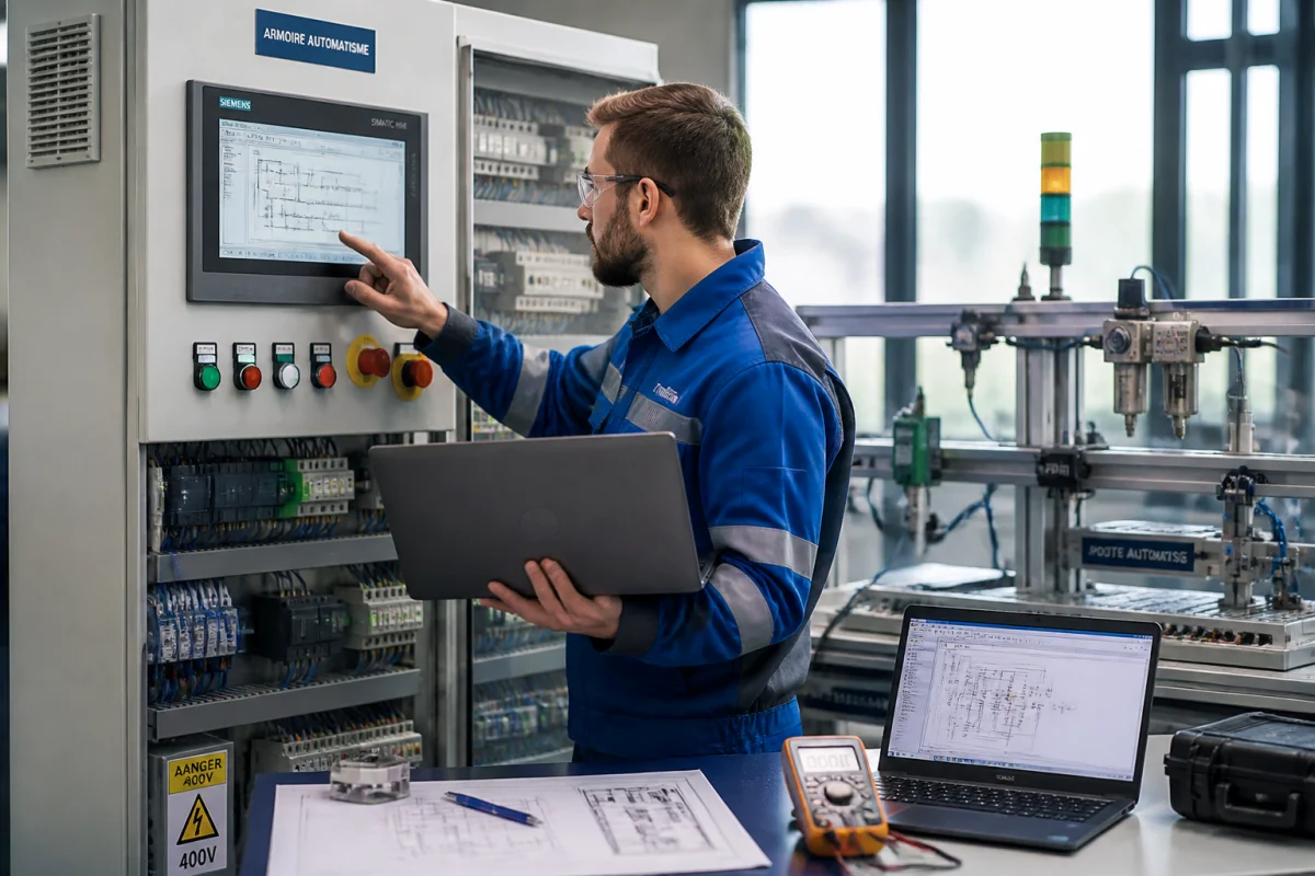 Automaticien professionnel configurant un panneau de commande industriel avec ordinateur portable et interface homme-machine
