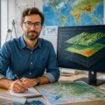 Cartographe professionnel analysant une carte numérique en couches sur écran, entouré de cartes, plans et instruments de mesure
