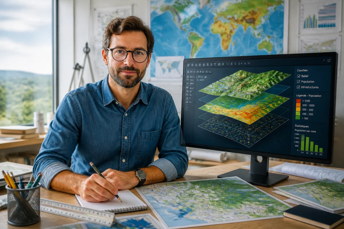 Cartographe professionnel analysant une carte numérique en couches sur écran, entouré de cartes, plans et instruments de mesure