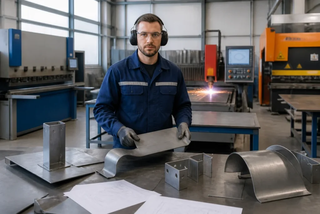 Chaudronnier en tenue de sécurité façonnant une pièce métallique dans un atelier industriel moderne