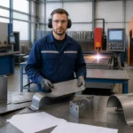 Chaudronnier en tenue de sécurité façonnant une pièce métallique dans un atelier industriel moderne
