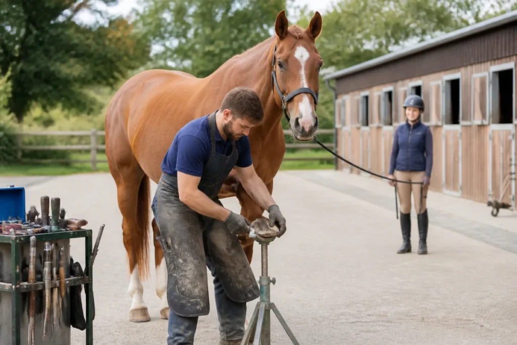 Maréchal-ferrant inspectant le sabot d’un cheval dans la cour d’un centre équestre professionnel