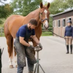 Maréchal-ferrant inspectant le sabot d’un cheval dans la cour d’un centre équestre professionnel