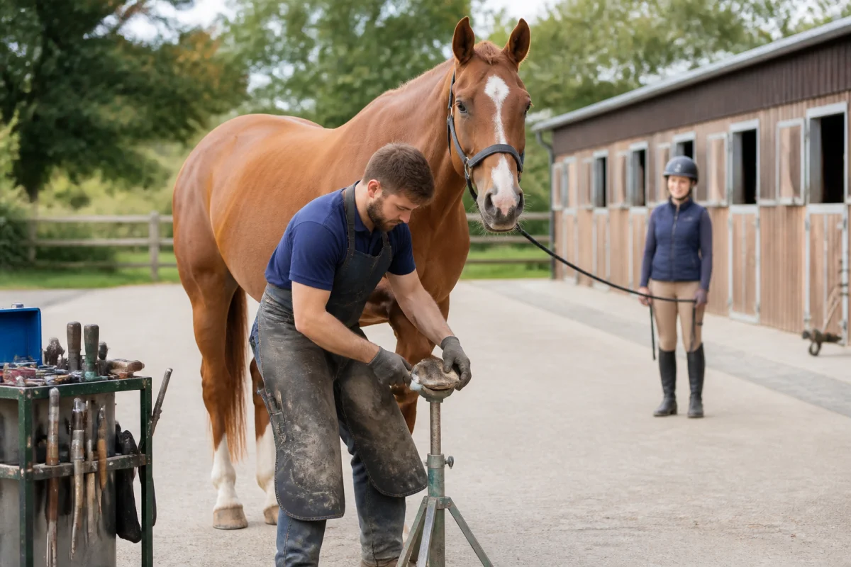 Maréchal-ferrant inspectant le sabot d’un cheval dans la cour d’un centre équestre professionnel