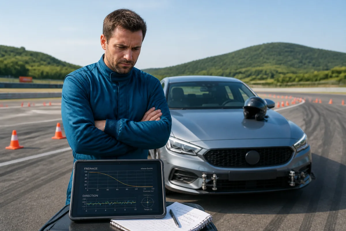 Pilote d’essai automobile observant une voiture de développement sur une piste, tablette de mesures en main