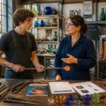 Apprenti et formatrice choisissent une formation de souffleur de verre dans un atelier-école équipé et lumineux