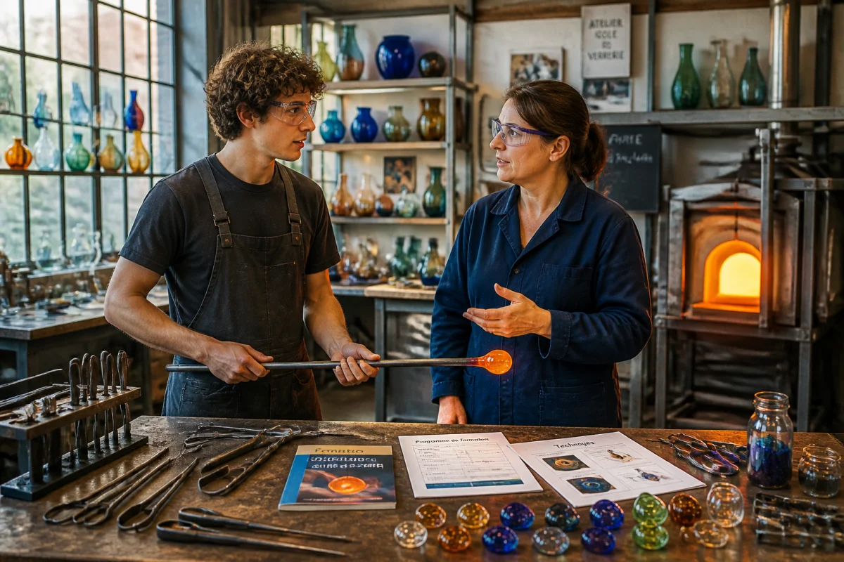 Apprenti et formatrice choisissent une formation de souffleur de verre dans un atelier-école équipé et lumineux