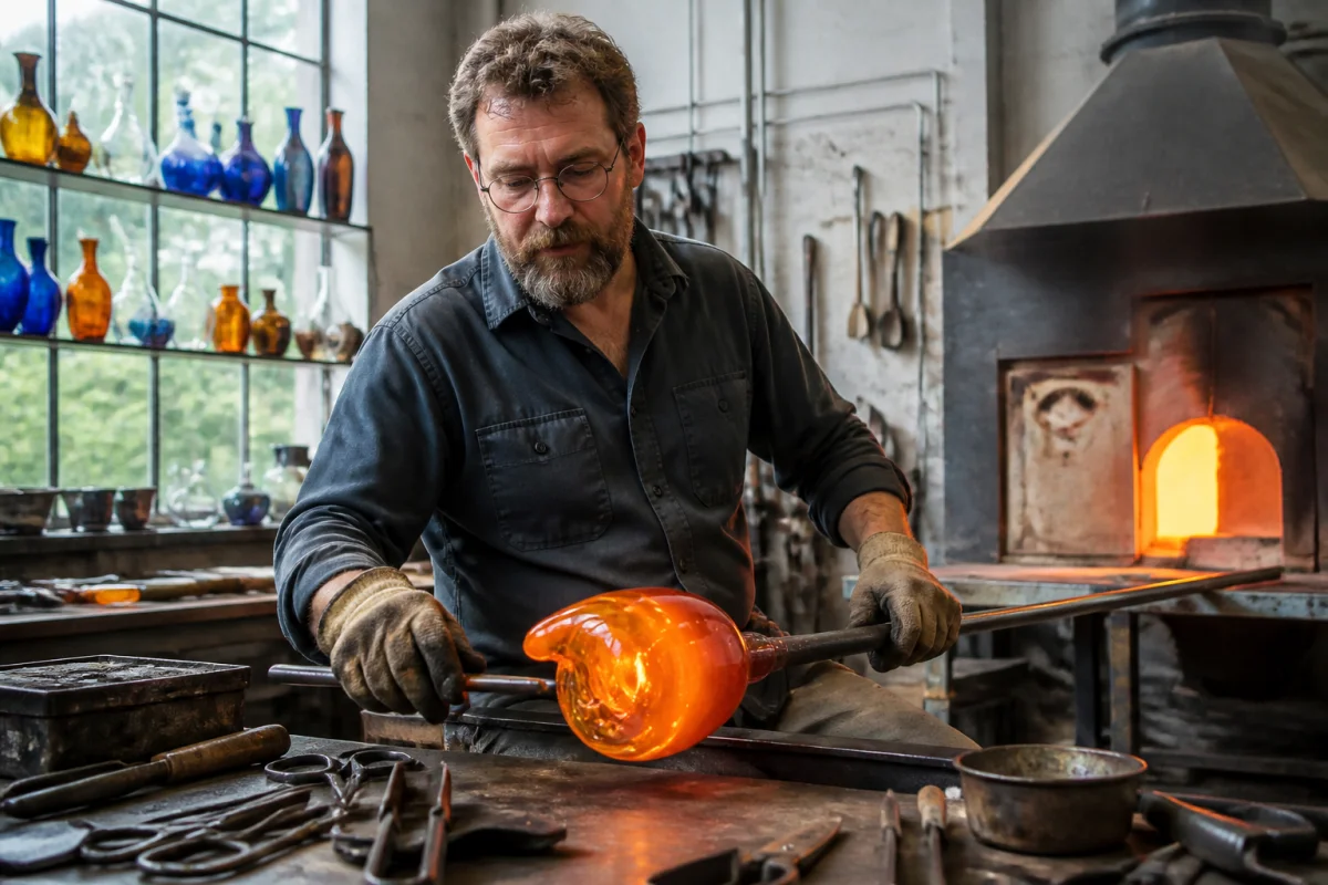 Souffleur de verre façonnant une pièce incandescente dans un atelier artisanal lumineux dédié au métier de verrier