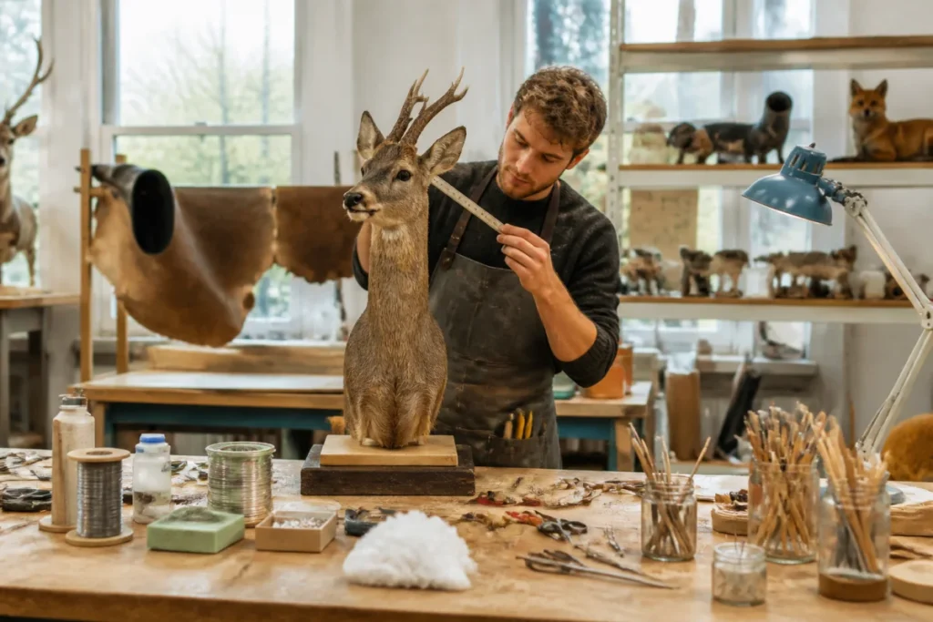 Taxidermiste en formation mesurant un modèle animal naturalisé dans un atelier lumineux aux outils spécialisés.