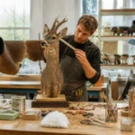 Taxidermiste en formation mesurant un modèle animal naturalisé dans un atelier lumineux aux outils spécialisés.