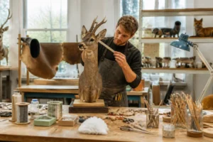 Taxidermiste en formation mesurant un modèle animal naturalisé dans un atelier lumineux aux outils spécialisés.