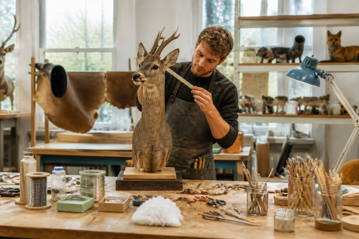 Taxidermiste en formation mesurant un modèle animal naturalisé dans un atelier lumineux aux outils spécialisés.