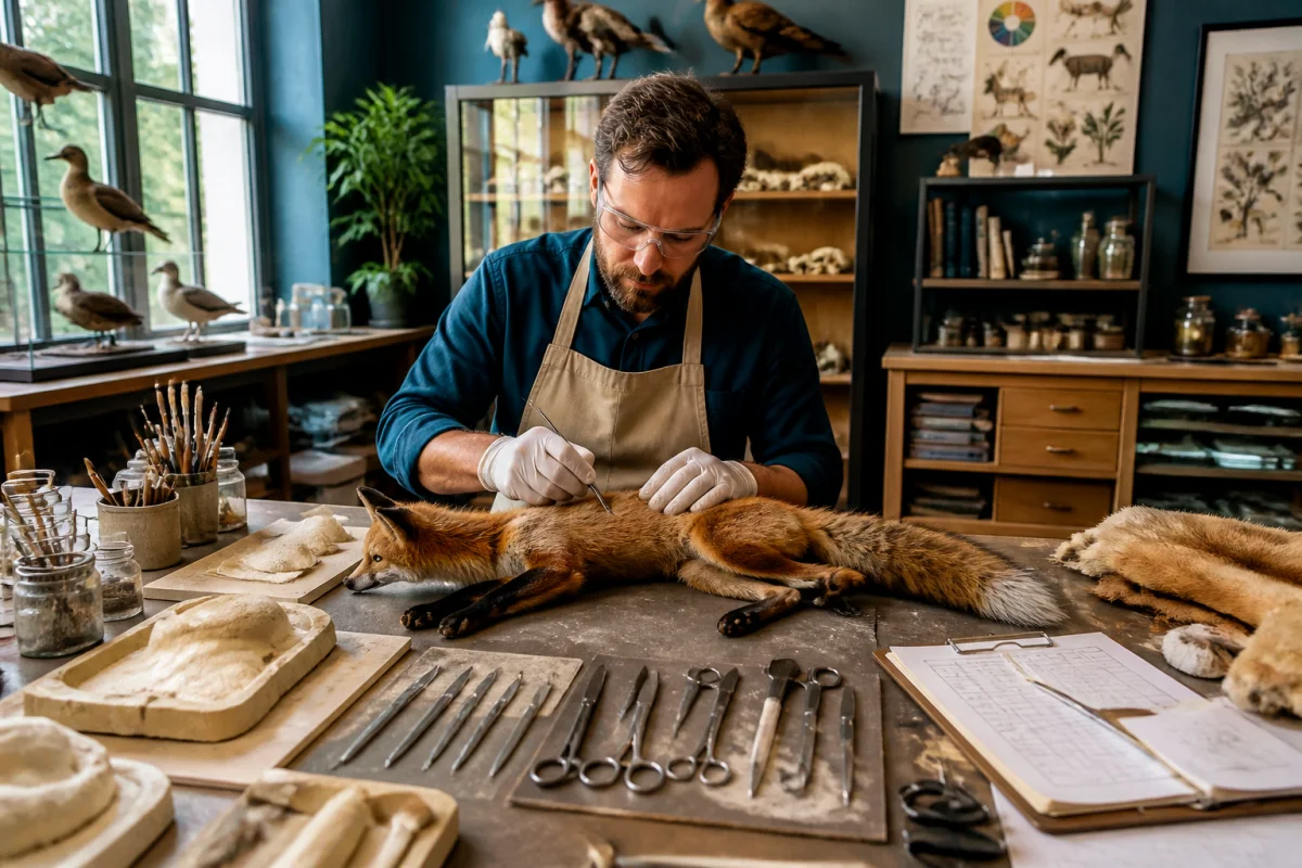 Taxidermiste restaurateur un spécimen animal naturalisé dans un atelier de muséum avec outils spécialisés et collections scientifiques