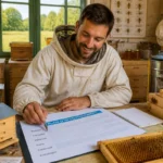 Apiculteur professionnel étudiant son plan financier entouré de ruches et de matériel apicole dans un atelier rural lumineux