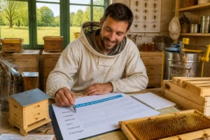 Apiculteur professionnel étudiant son plan financier entouré de ruches et de matériel apicole dans un atelier rural lumineux