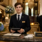 Jeune concierge stagiaire accueillant les clients dans le hall raffiné d’un palace cinq étoiles pour réussir son parcours professionnel