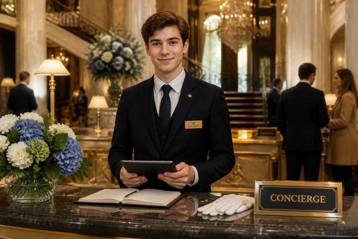Jeune concierge stagiaire accueillant les clients dans le hall raffiné d’un palace cinq étoiles pour réussir son parcours professionnel