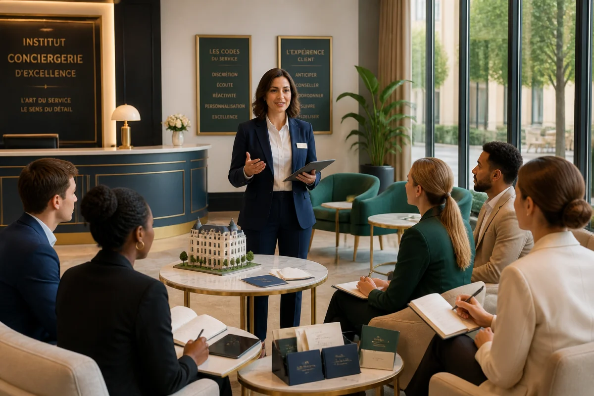 Formation pour devenir concierge de luxe avec formatrice professionnelle et étudiants attentifs dans un institut élégant