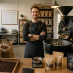 Jeune torréfacteur dans son atelier, entouré d’une machine professionnelle et de sacs de grains de café variés