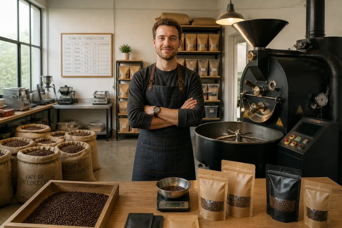 Jeune torréfacteur dans son atelier, entouré d’une machine professionnelle et de sacs de grains de café variés